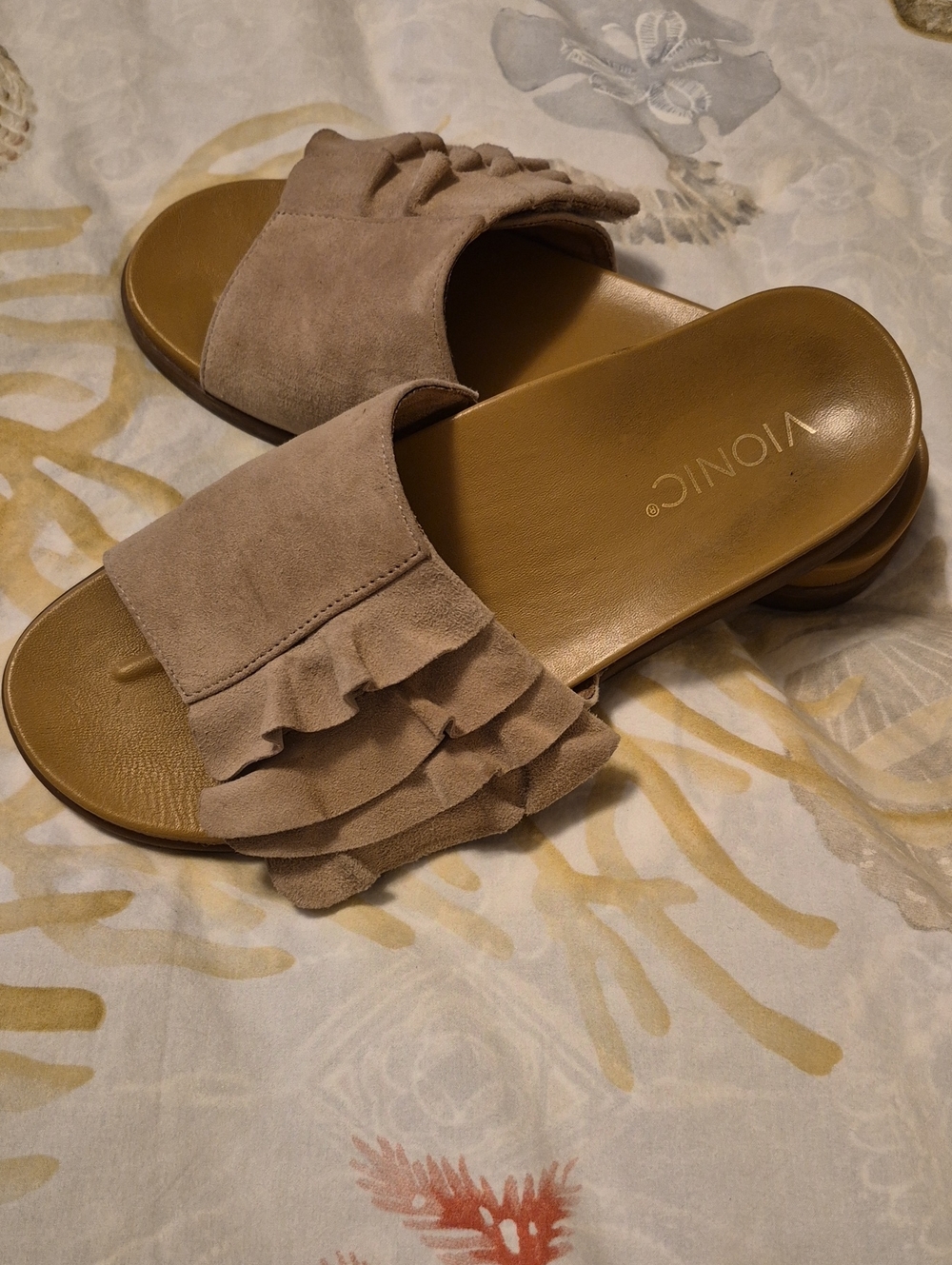 Vionic Beige/Taupe Suede Ruffle Slide Sandals